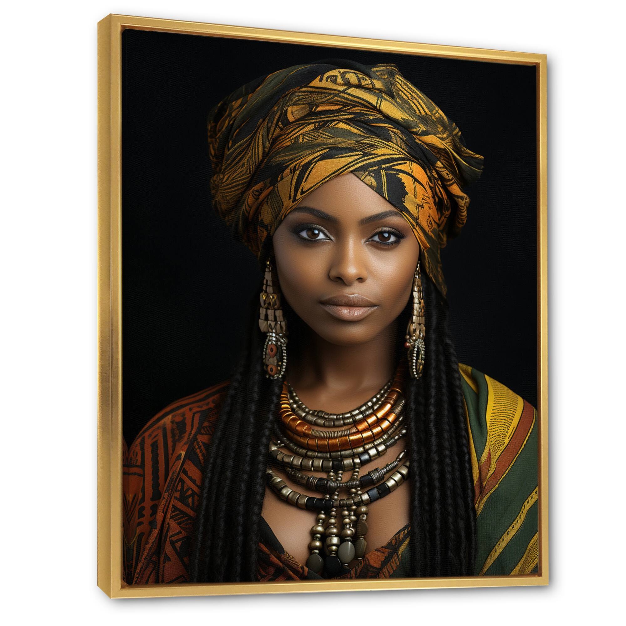 Designart "Woman African Spirit Portrait II" African American Art Framed Canvas Prints Bed